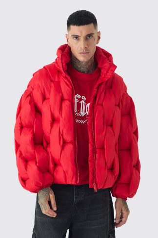 Mens Tall Hand Weft Padded Puffer Jacket In Red, Red