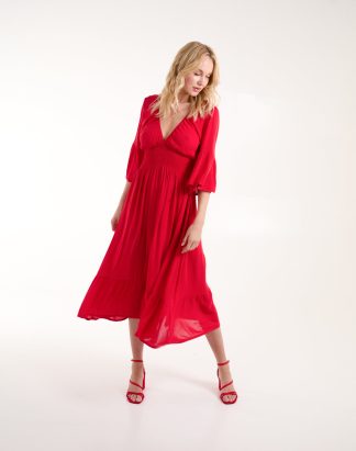 Shirred Empire Bust Dress - S / RED