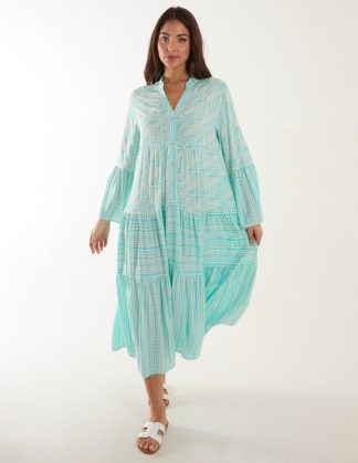 Tiered Maxi Long Sleeve Dress - S / BLUE