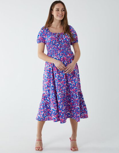 Abstract Heart Milkmaid Midi Dress - 8 / BLUE