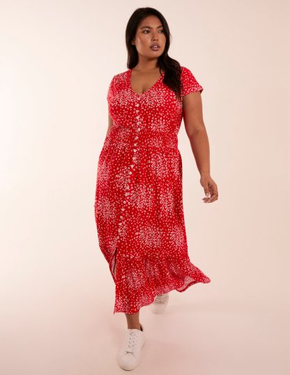 Curve Button Through Midi Dress - 20 / RED