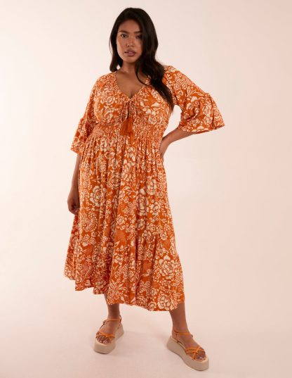 Curve Elasticated V Neck Midi Dress - 26/28 / ORANGE