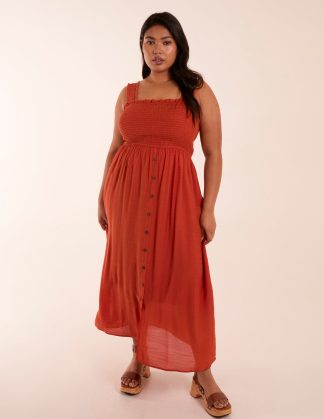 Curve Shirred Bust Button Down Midi Dress - 26/28 / ORANGE