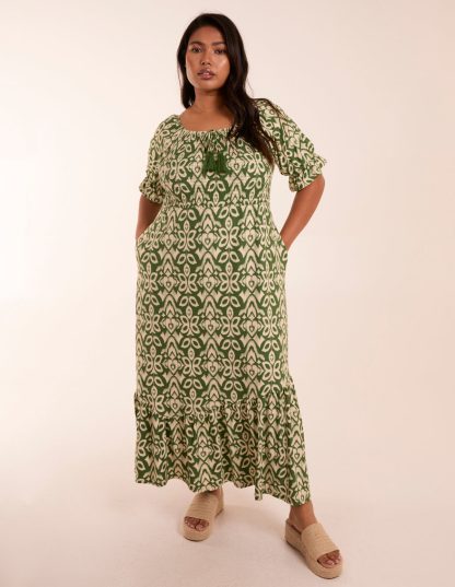 Curve Tiered Puff Sleeve Milkmaid Maxi Dress - 26/28 / KHAKI