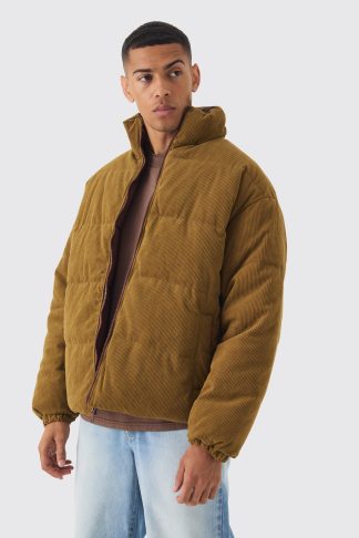 Mens Green Reversible Cord And Nylon Puffer Jacket In Brown, Green