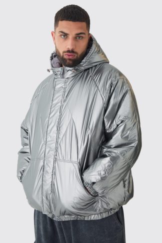 Mens Grey Plus Oversized Metallic Hooded Puffer Jacket In Charcoal, Grey