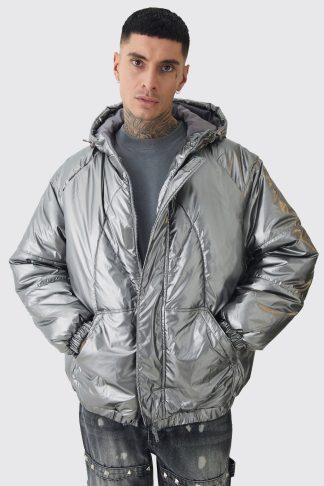 Mens Grey Tall Oversized Metallic Hooded Puffer Jacket In Charcoal, Grey