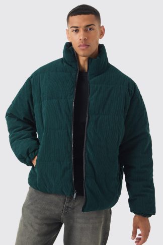 Mens Reversible Cord And Nylon Puffer Jacket In Green, Green