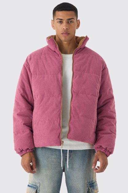 Mens Reversible Cord And Nylon Puffer Jacket In Pink, Pink