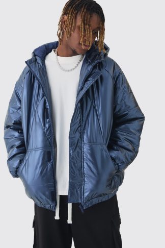 Mens Tall Oversized Metallic Hooded Puffer Jacket In Navy, Navy