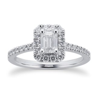 Platinum 0.75cttw Diamond Emerald Cut Halo Engagement Ring - Ring Size M