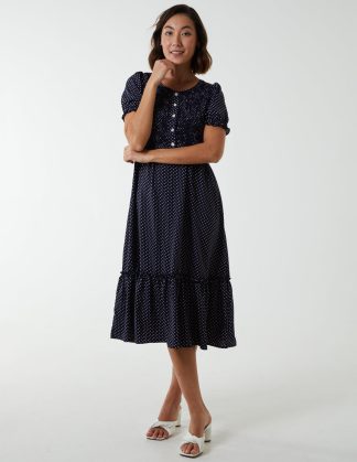 Polkadot Tie Waist Midi Dress - 8 / NAVY