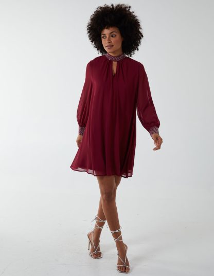 Shift Diamante Collar Midi Dress - S / WINE