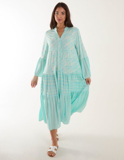 Tiered Maxi Long Sleeve Dress - L / BLUE