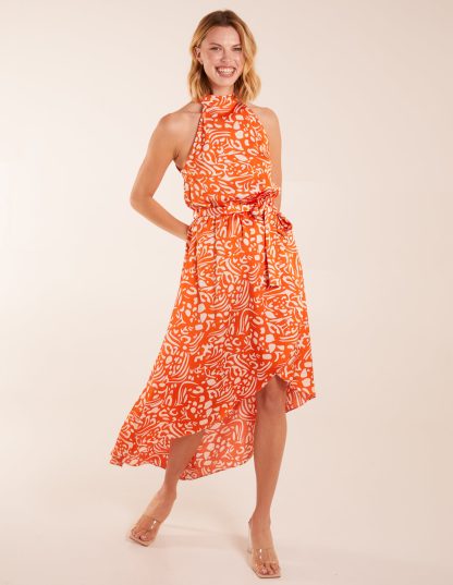 Abstract Print Halter Neck Midi Wrap Dress - 10 / ORANGE