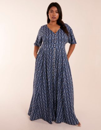 Curve Button Through Maxi Dress - 18 / NAVY