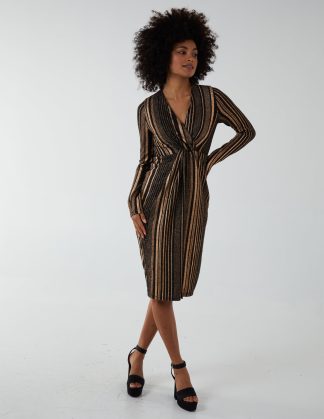 Foil Stripes Twist Front Midi Dress - 8 / Rose Gold