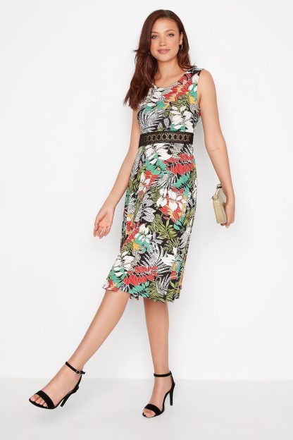 Lts Tall Black Tropical Leaf Print Skater Dress 8 Lts | Tall Women's Midi Dresses