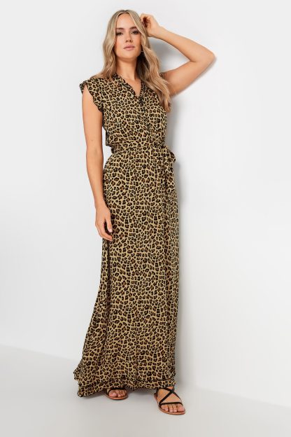 Lts Tall Brown Leopard Print Frill Sleeve Maxi Dress 16 Lts | Tall Women's Maxi Dresses