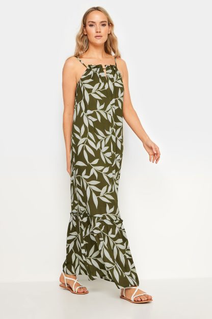 Lts Tall Olive Green Leaf Print Ruched Neck Maxi Dress 12 Lts | Tall Women's Maxi Dresses