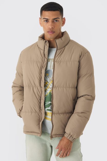 Mens Beige Funnel Neck Puffer Jacket in Stone, Beige