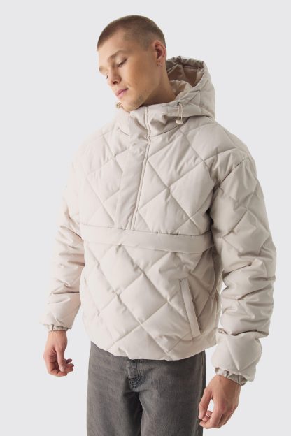 Mens Beige Half Zip Hooded Quilted Puffer Jacket In Stone, Beige