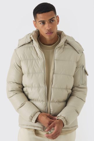 Mens Beige High Shine Padded Puffer Jacket in Stone, Beige