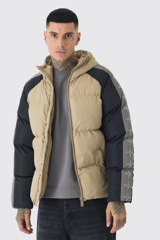 Mens Beige Tall Worldwide Hooded Colour Block Puffer Jacket In Stone, Beige