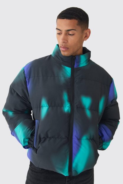 Mens Boxy Abstract Print Funnel Neck Puffer Jacket In Blue, Blue