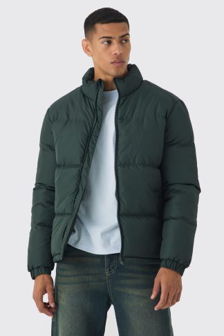 Mens Green Funnel Neck Puffer Jacket in Khaki, Green