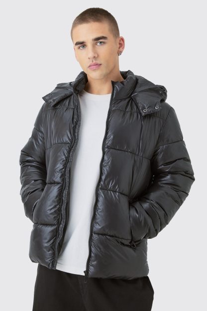 Mens Hooded High Shine Puffer Jacket in Black, Black