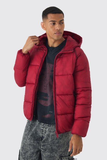 Mens Red Washed Seam Hooded Puffer Jacket In Burgundy, Red