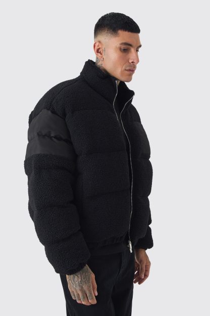 Mens Tall Borg & Nylon Funnel Neck Puffer Jacket In Black, Black