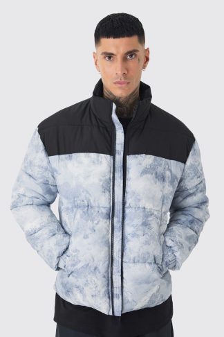 Mens Tall Colour Block Printed Funnel Neck Puffer Jacket In Grey, Grey