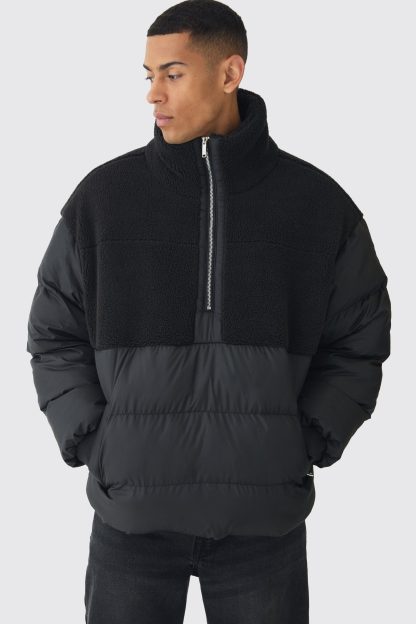 Mens Wavy Quilted Hooded Puffer Jacket In Black, Black