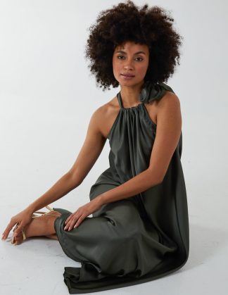 Satin Tie Neck Dress - ONE / KHAKI