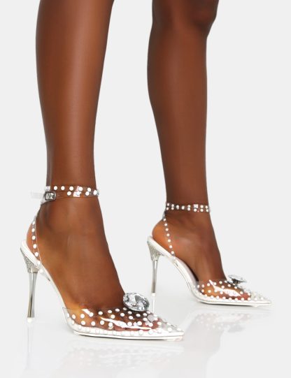 Asscher White Pearl Detail Diamante Broach Clear Court Stiletto Heels