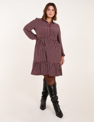 Curve Button Front Geometric Smock Dress - 18/20 / RED