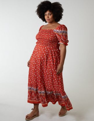 Curve Milkmaid Shirred Floral Maxi Dress - 26/28 / ORANGE