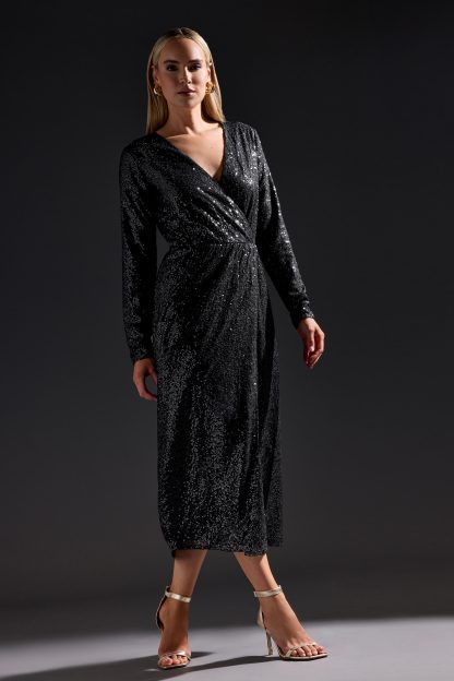 Lts Tall Black Sequin Wrap Midaxi Dress 10 Lts | Tall Women's Party Dresses