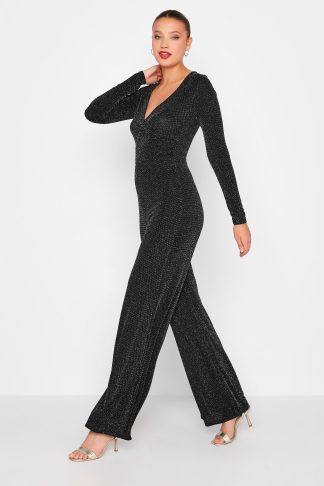 Lts Tall Black & Silver Stretch Glitter Wrap Jumpsuit 10-12 Lts | Tall Women's Jumpsuits