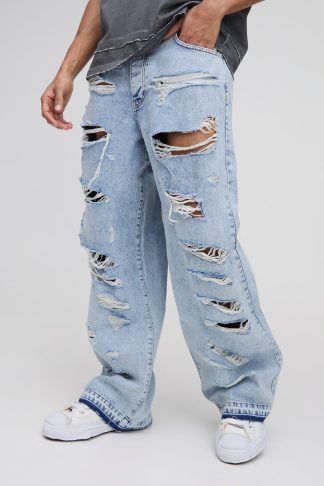 Mens Blue Wide Leg Skater All Over Ripped Distressed Jeans, Blue