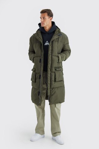 Mens Green Tall 4 Pocket Longline Hooded Puffer Jacket in Khaki, Green