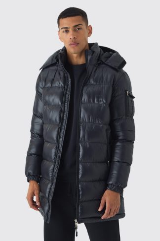 Mens Longline High Shine Hooded Puffer Jacket in Black, Black