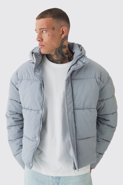 Mens Tall Boxy Crinkle Nylon Puffer Jacket In Light Grey, Grey