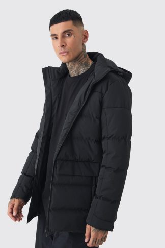 Mens Tall Mid Length Hooded Puffer Jacket In Black, Black