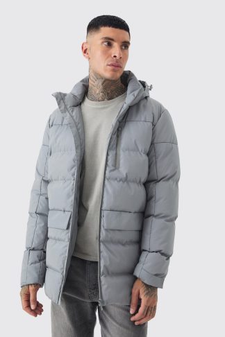 Mens Tall Mid Length Hooded Puffer Jacket In Grey, Grey