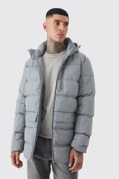 Mens Tall Mid Length Hooded Puffer Jacket In Grey, Grey