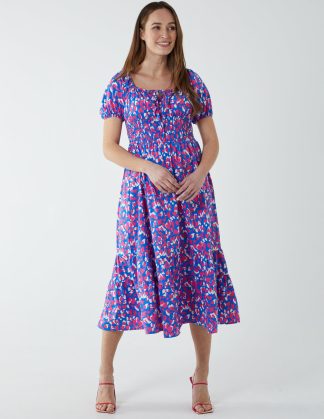 Abstract Heart Milkmaid Midi Dress - 8 / BLUE