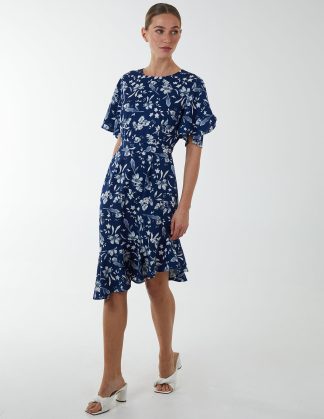 Angel Sleeve Asymmetric Tier Midi Dress - 8 / NAVY